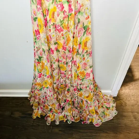 Mac Duggal 9174 Long Formal Multicolored Floral Print Chiffon Gown Dress Size 10